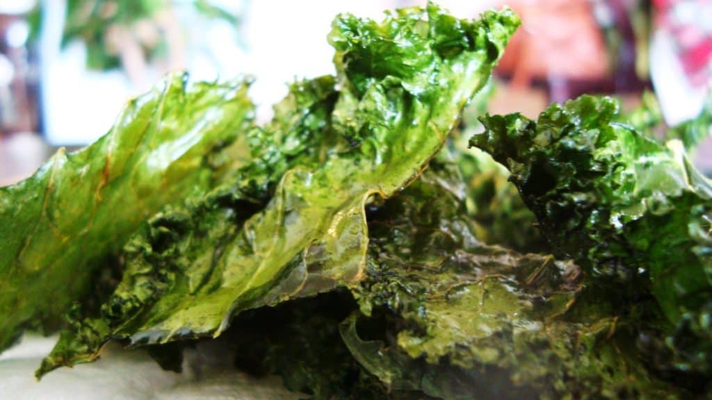 Upclose photo of kale chips on a plate.