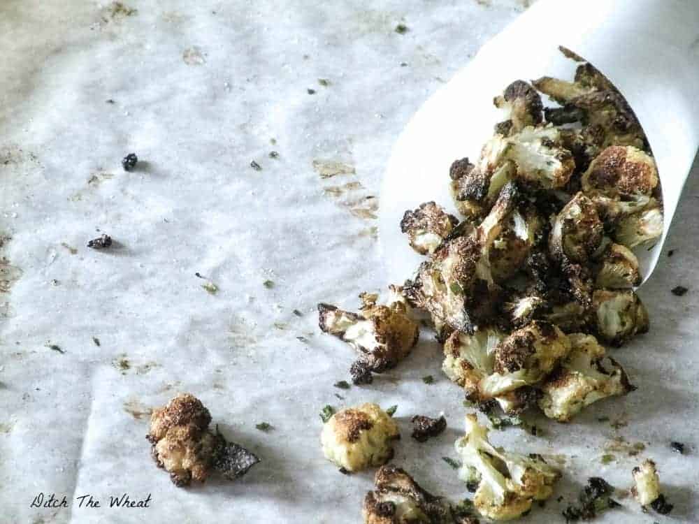 Cauliflower popcorn on a white background.