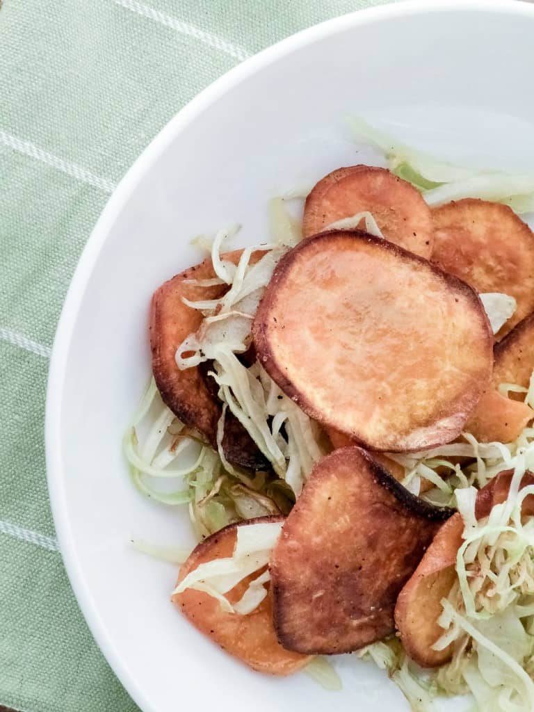 Crispy Sweet Potato Chips & Sautéed Cabbage Ditch the Wheat