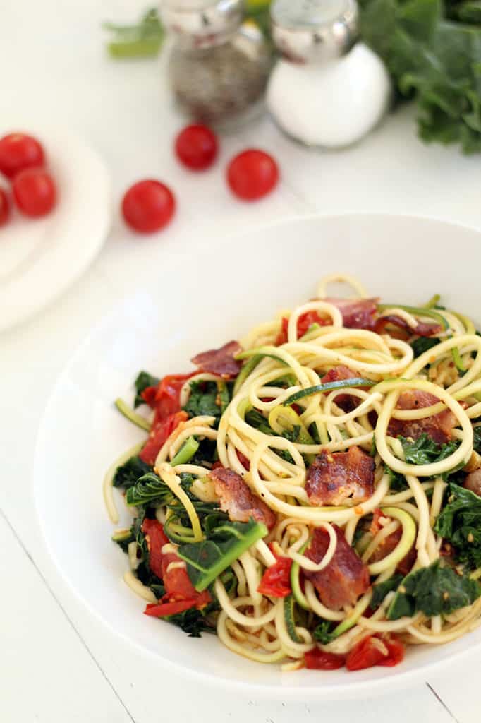 Spicy Bacon, Lettuce and Roasted Tomato Zucchini Pasta