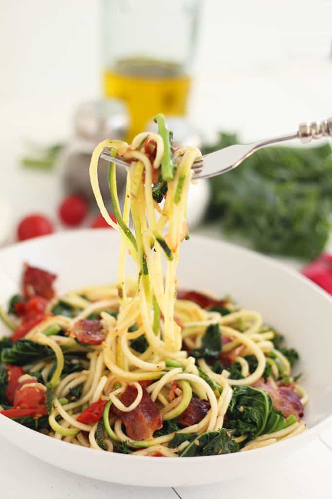 Spicy Bacon, Lettuce and Roasted Tomato Zucchini Pasta