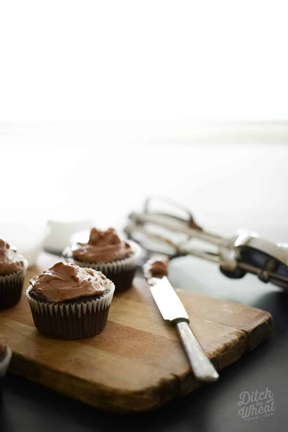 Flourless Chocolate Cupcakes on a cutting board. 