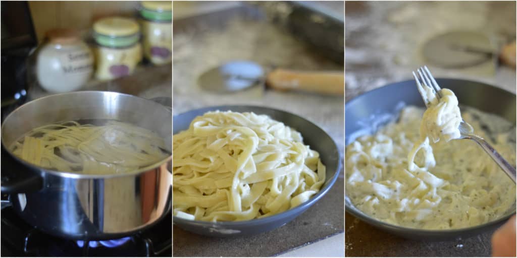 Paleo pasta in a pot, and a bowl.