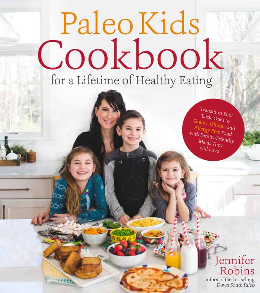 The Paleo Kids Cookbook cover. A mother with three young children. 