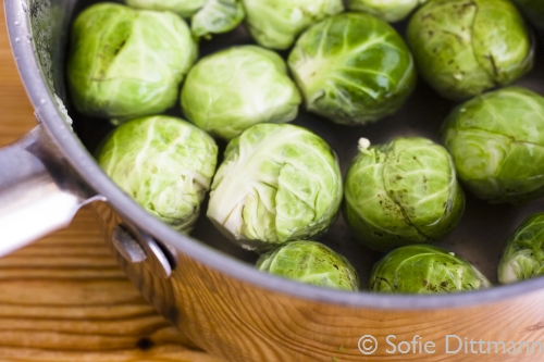 A saucepan filled with water and Brussels sprouts.