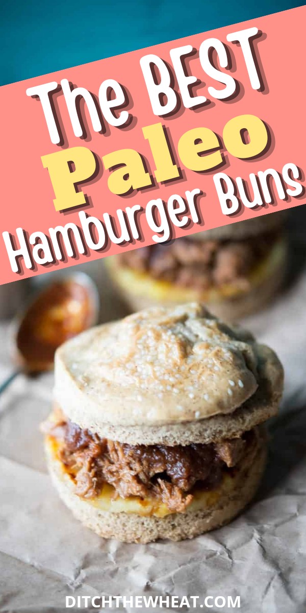 A Paleo Hamburger Bun that is filled with pulled pork with a spoon that has sauce.