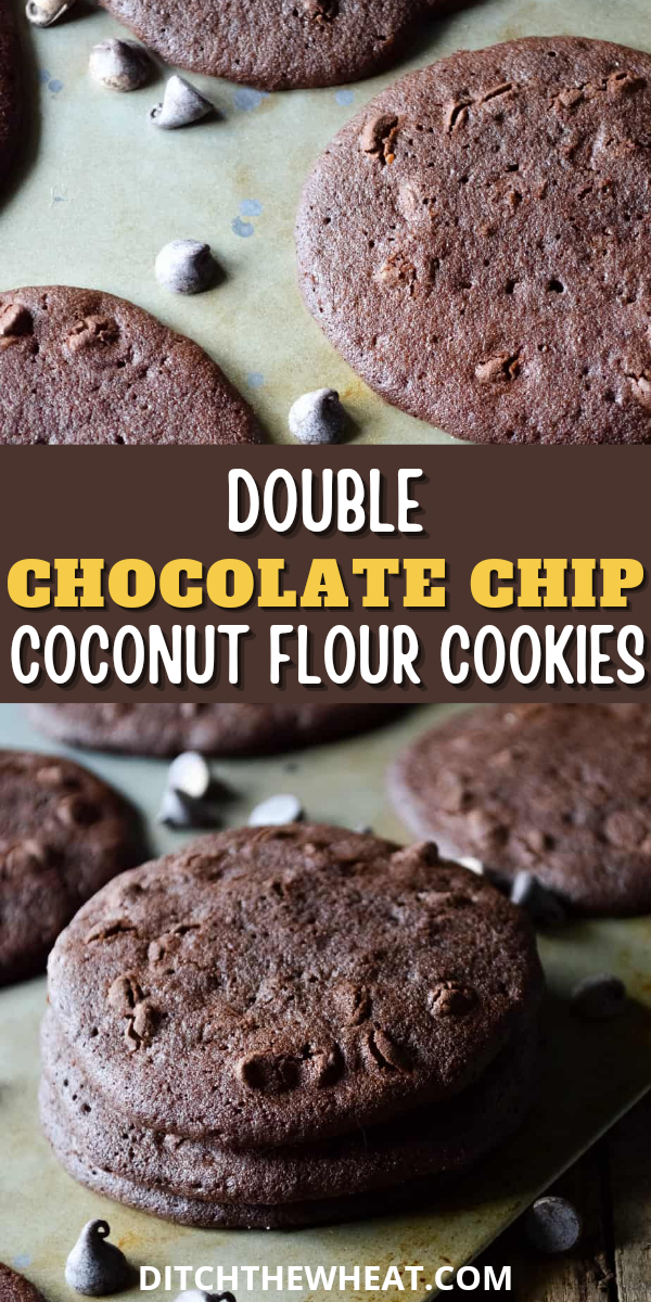 Double chocolate chip coconut flour cookies on a baking sheet.