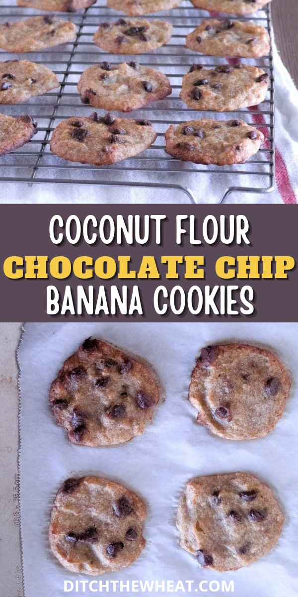 Coconut flour chocolate chip banana cookies on a cooling rack and on a cookie tray.