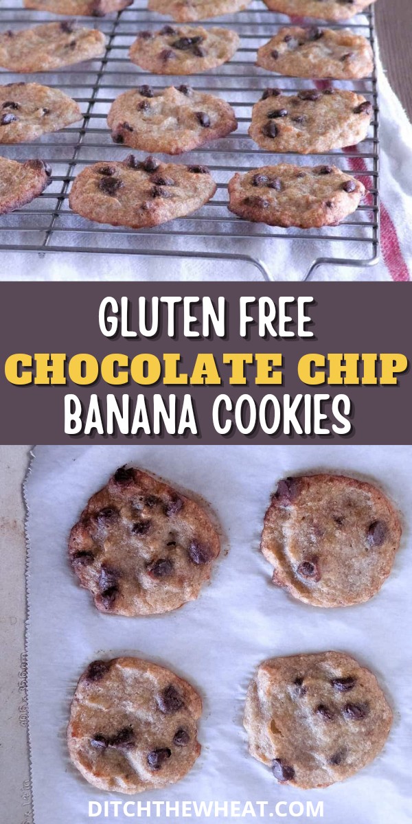 Gluten free chocolate chip banana cookies on a cooling rack and on a cookie tray.