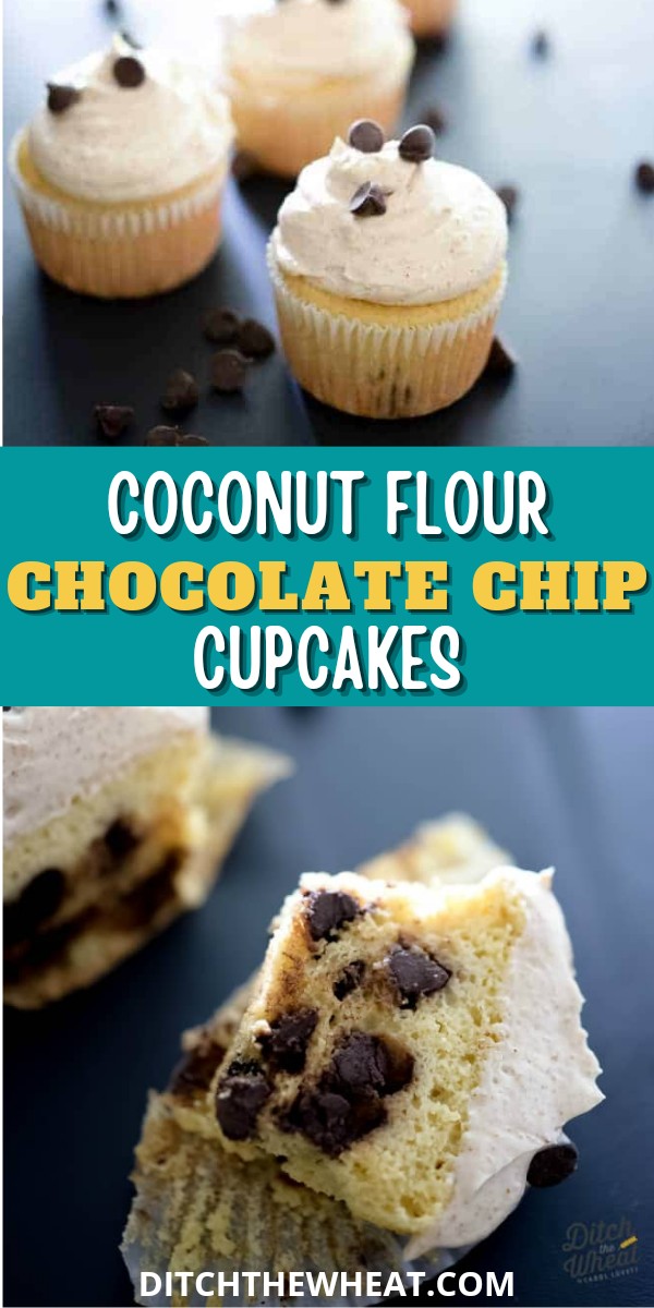 A coconut flour chocolate chip cupcake cut in half.