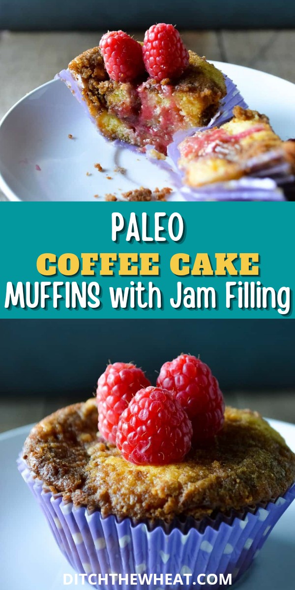 A coconut flour Coffee Cake Muffin that has been cut in half to show the jam filling inside on a white cake plate.