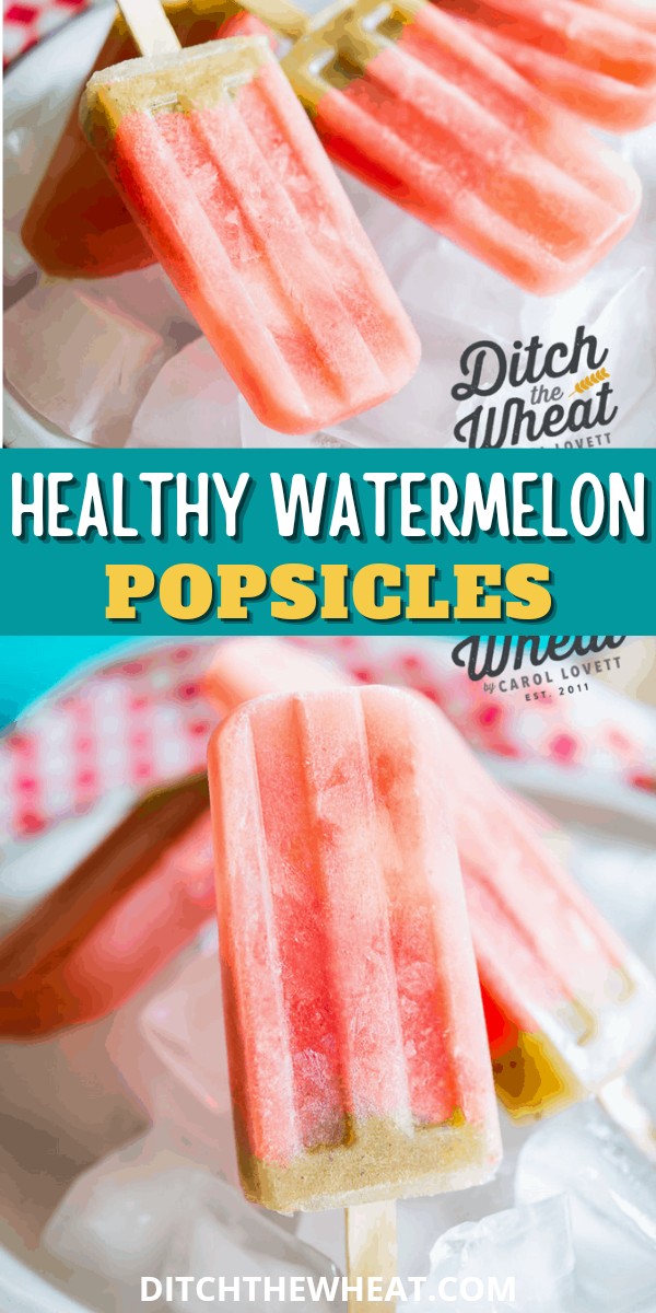 Four healthy watermelon popsicles over ice on a pie plate with red checkered paper in the background.