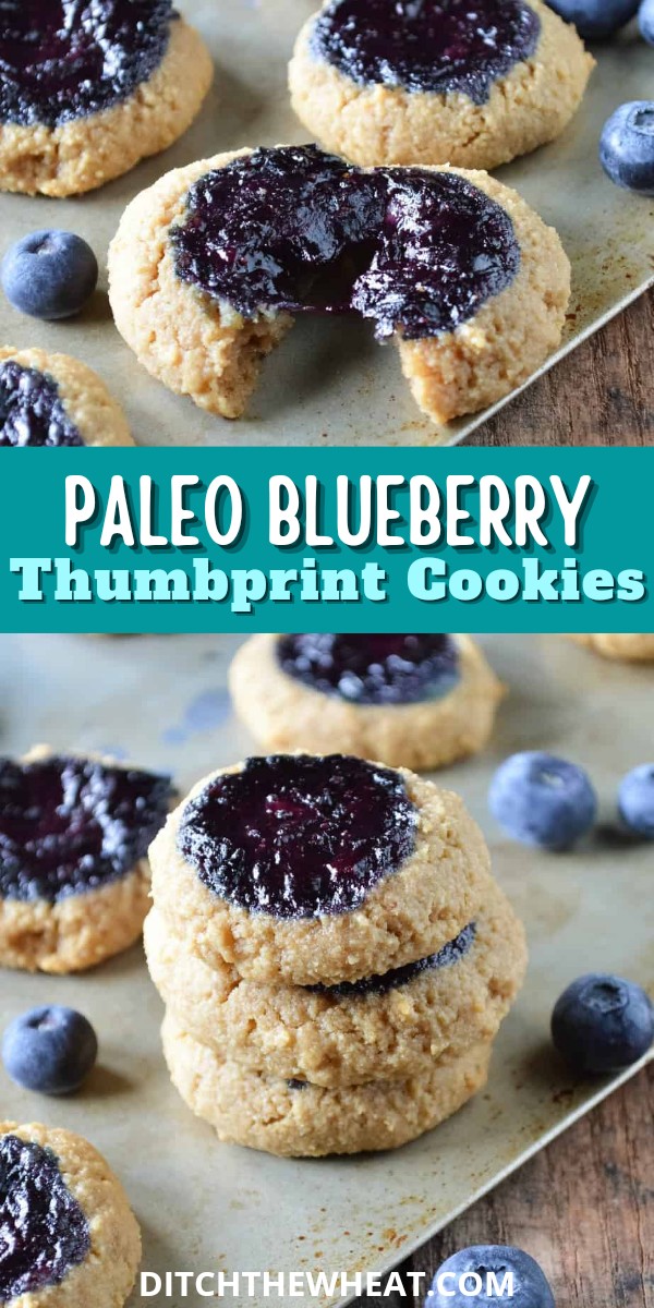 A stack of almond flour thumbprint cookies with blueberry jam.