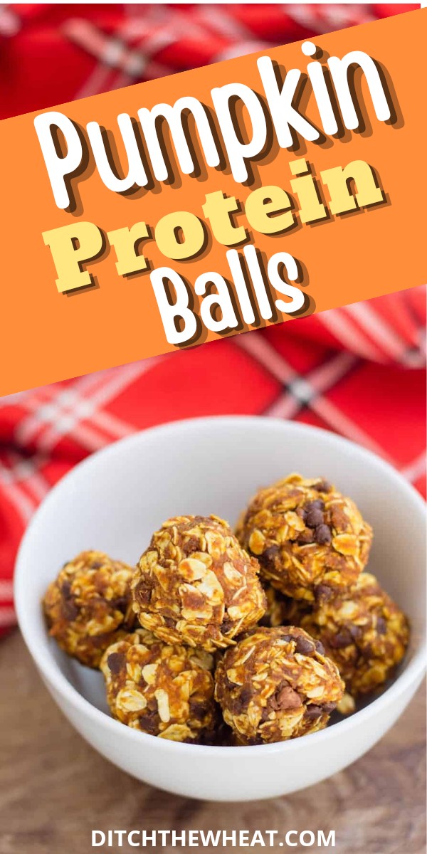 A white bowl filled with protein pumpkin balls with a red towel in the background.