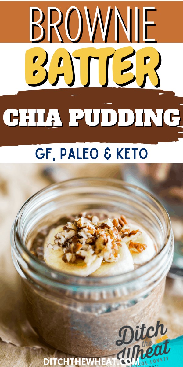 A glass jar with brownie batter chia pudding that is topped with sliced bananas.