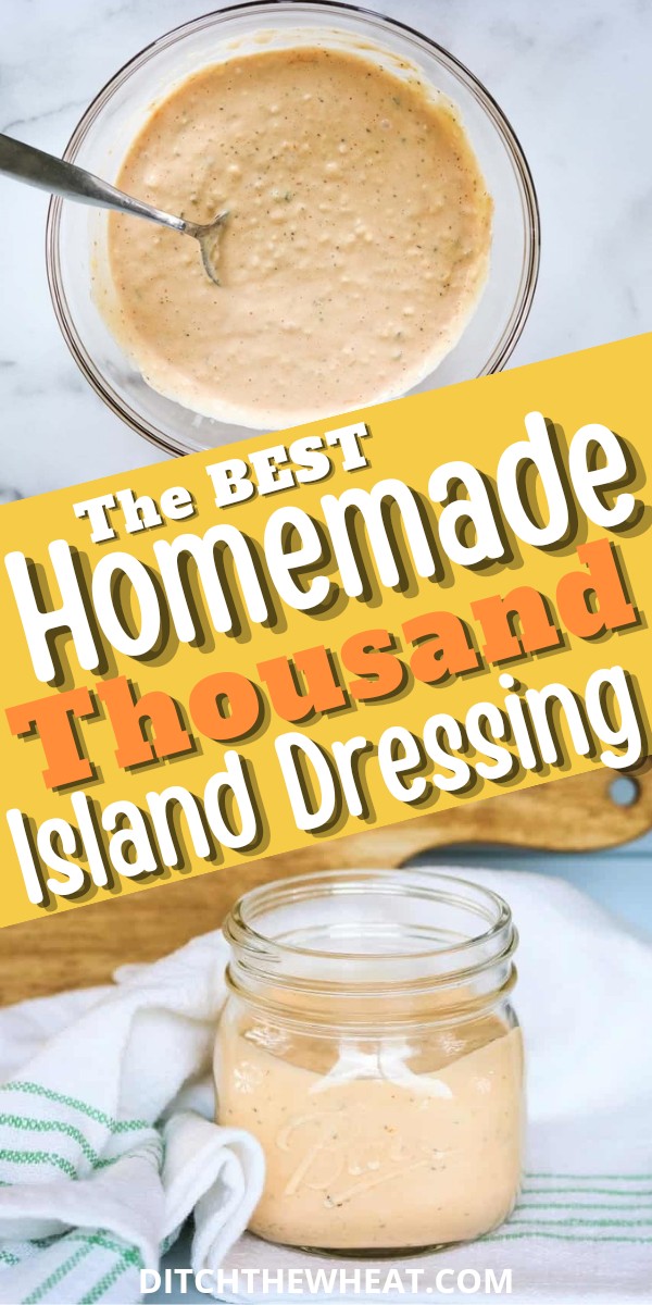 A glass jar with homemade Thousand Island dressing with a white towel behind it.