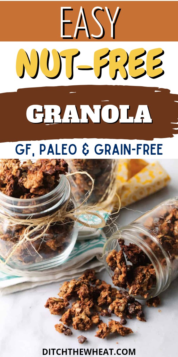 Two jars of nut-free granola and one jar is tipped over.