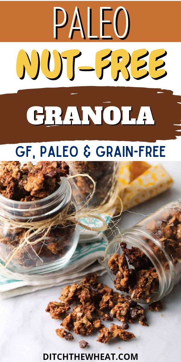 Two jars of nut-free granola and one jar is tipped over.