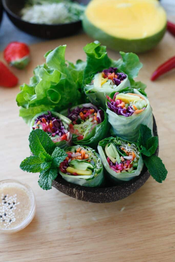 Spring rolls in a bowl.