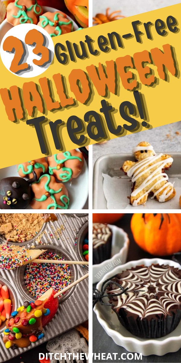 Various gluten-free Halloween treats in a collage.