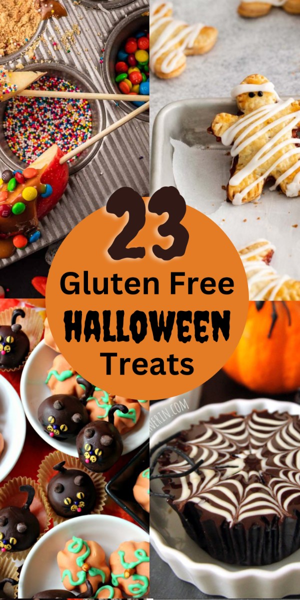 Various gluten-free Halloween treats in a collage.