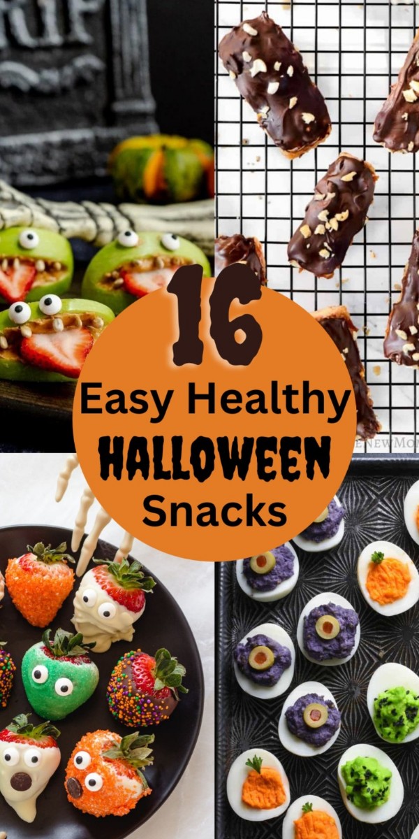 Various healthy Halloween treats in a collage.