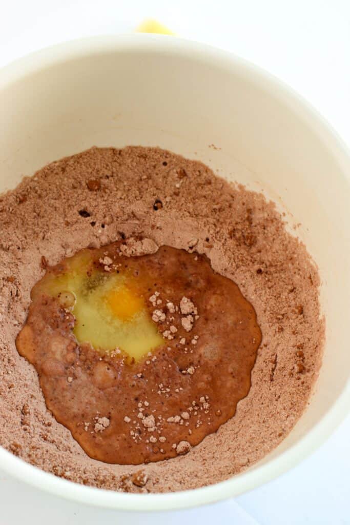 Gluten free chocolate donut ingredients in a bowl.