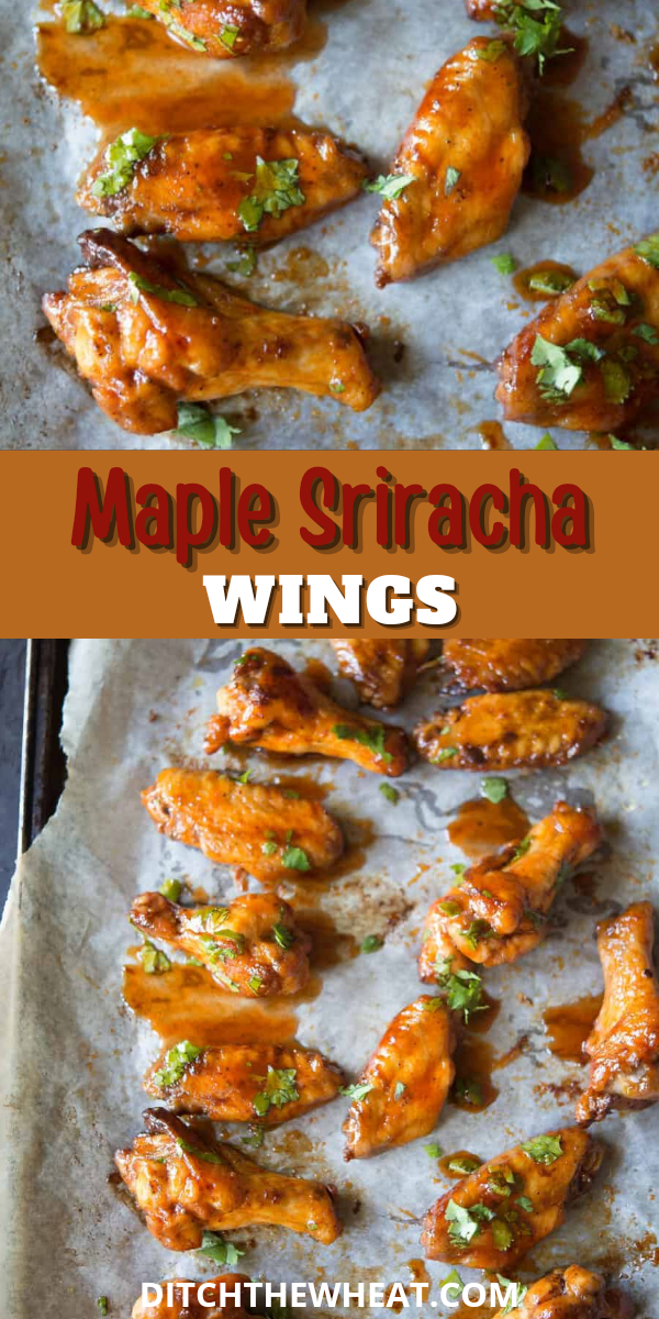 An image of maple sriracha wings on a baking sheet.