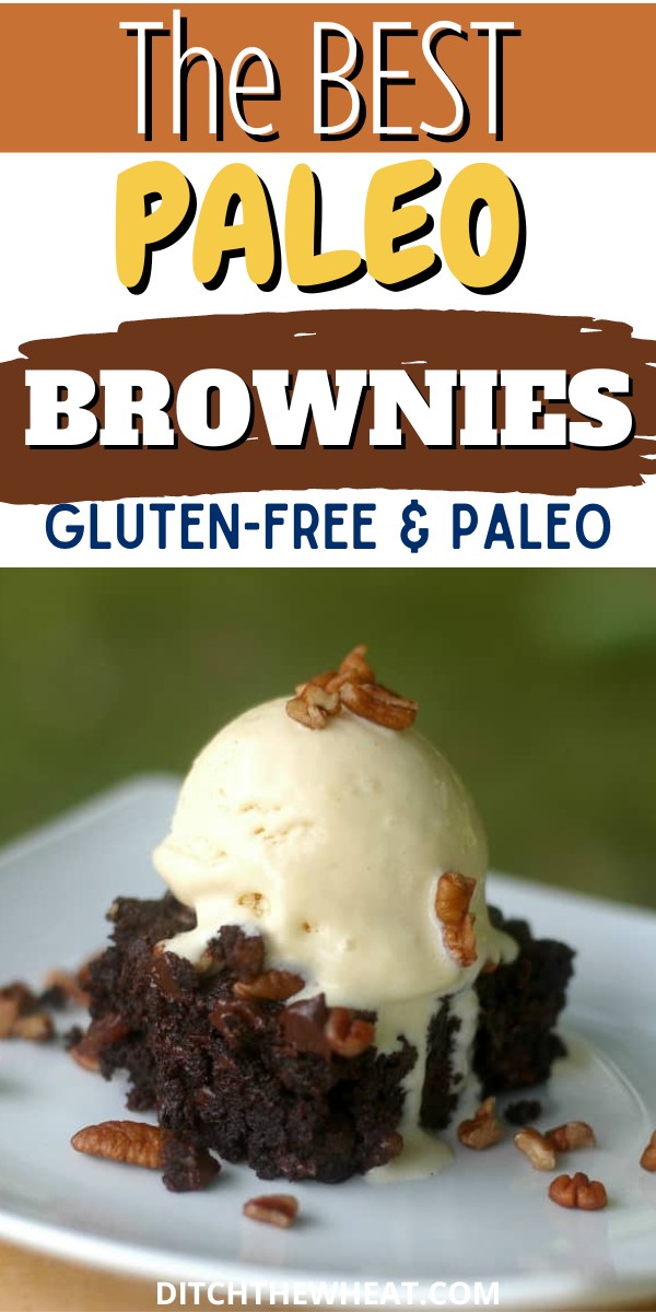 A Paleo brownie on a white plate with a scoop of ice cream on it.