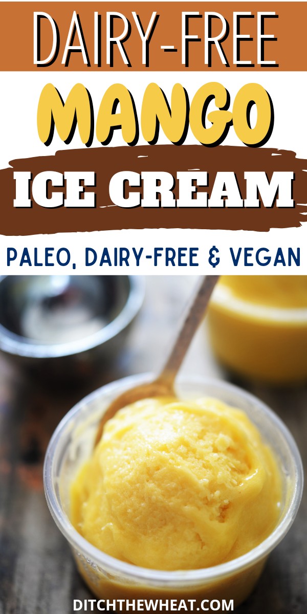 A scoop of dairy-free mango ice cream in a small plastic bowl with a little spoon.