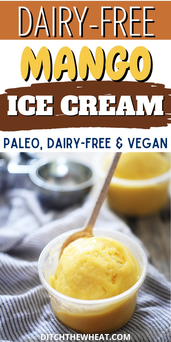 A scoop of dairy-free mango ice cream in a small plastic bowl with a little spoon.