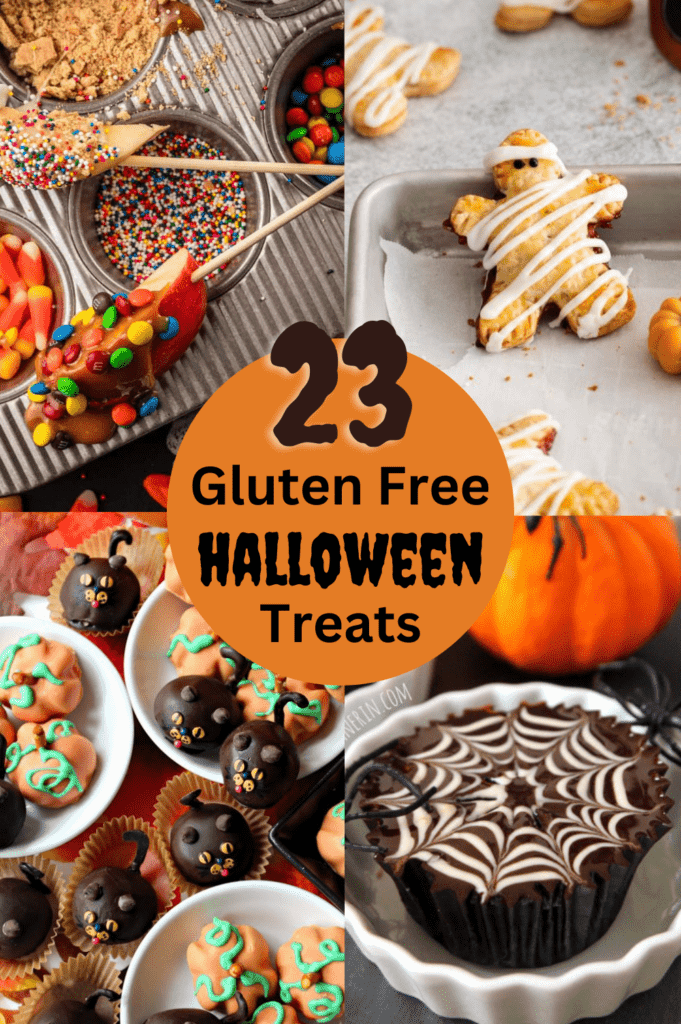 A variety of photos of gluten free Halloween treats, from a sliced apple caramel bar using a muffin tin, gluten free pie dough mummies, pumpkin peanut butter balls, spider web cupcake. 