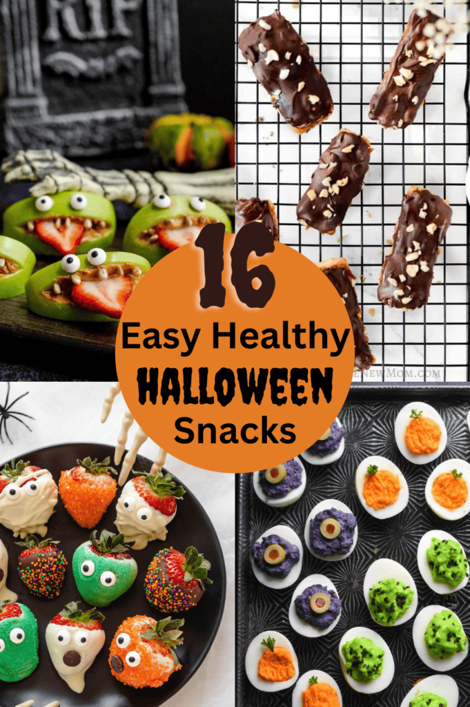 An image of healthy Halloween snacks ranging from monster apple slices, keto chocolate bar, halloween starberries, and monster deviled eggs. 