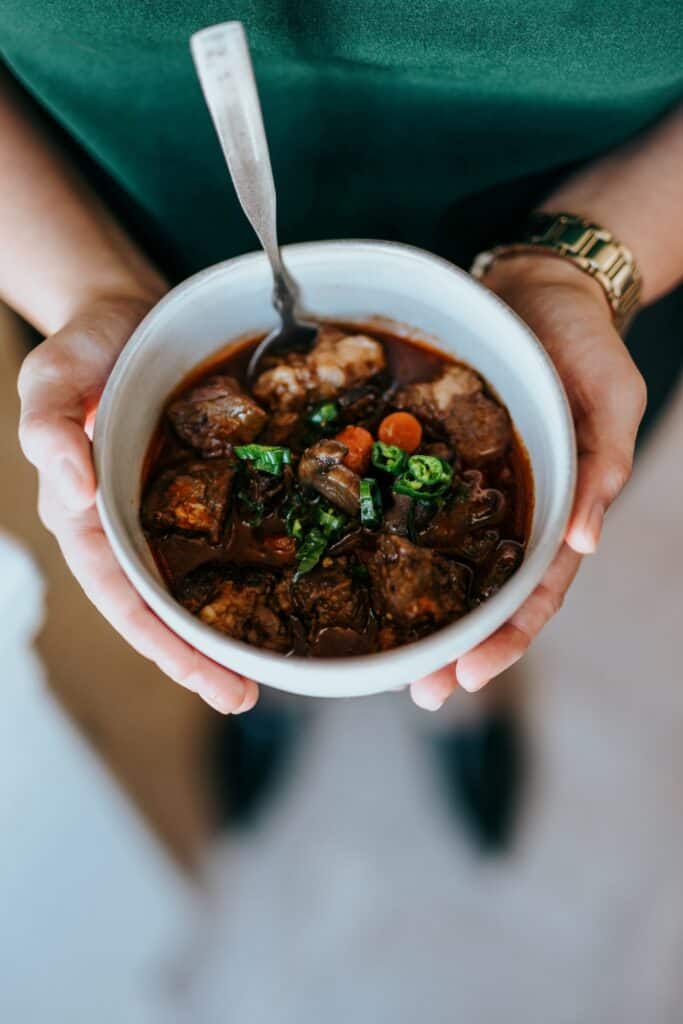 Beef stew in a bowl. 