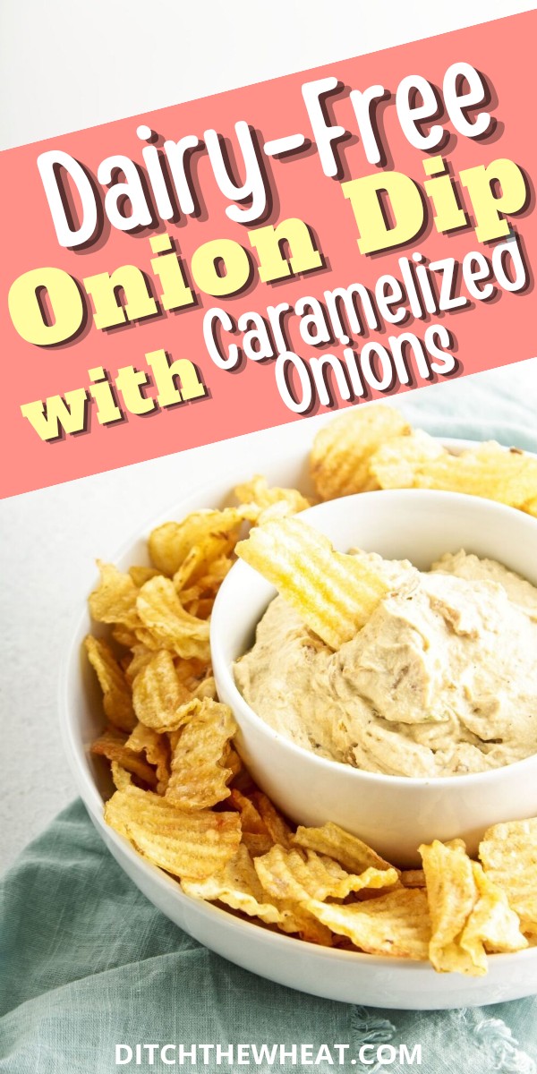 A bowl filled with ruffled chips and dairy free onion dip.