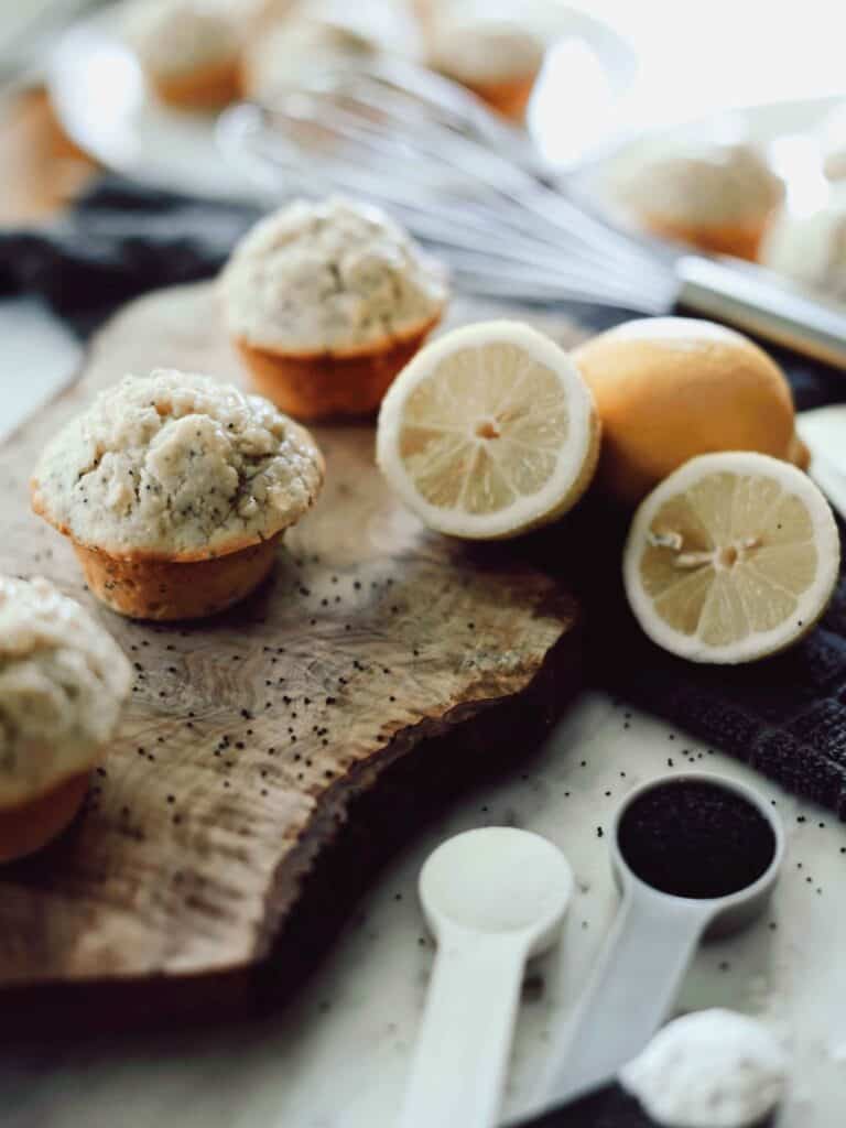 Muffins on a cutting board.