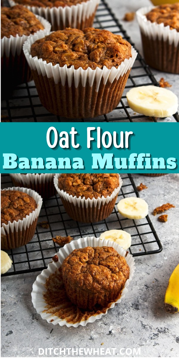 Oat Flour banana muffins on a black cooling rack.
