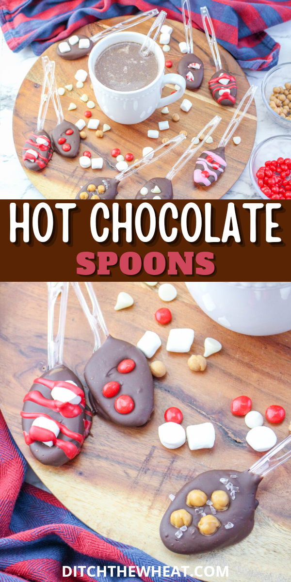 Hot chocolate spoons with various candies on a wooden background.