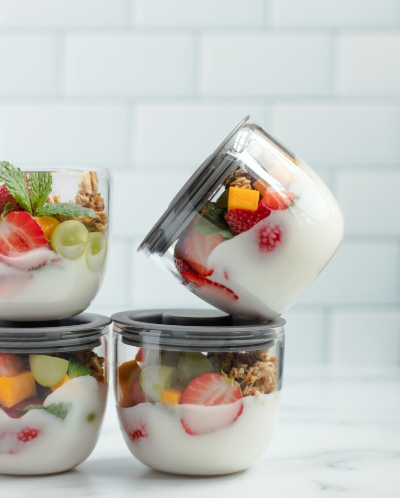 Gluten free lunch ideas for kids. Containers filled with yogurt.