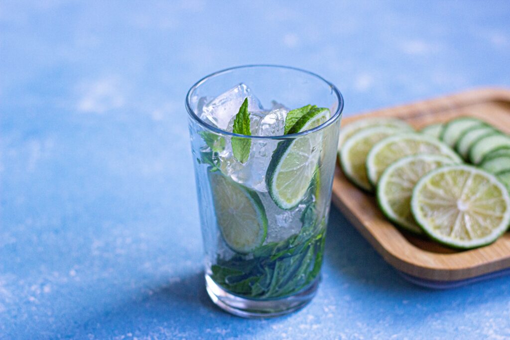 A glass filled with garnishes of lime slices and fresh mint.