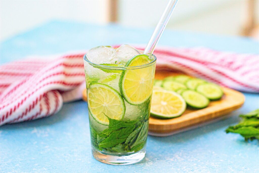 Lime and Cucumber Water in a glass.