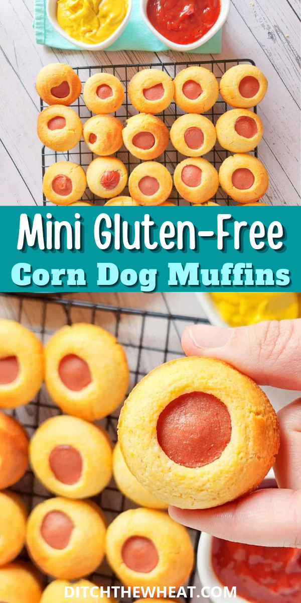A pinterest pin showing gluten free corn dog muffins and a hand holding one.