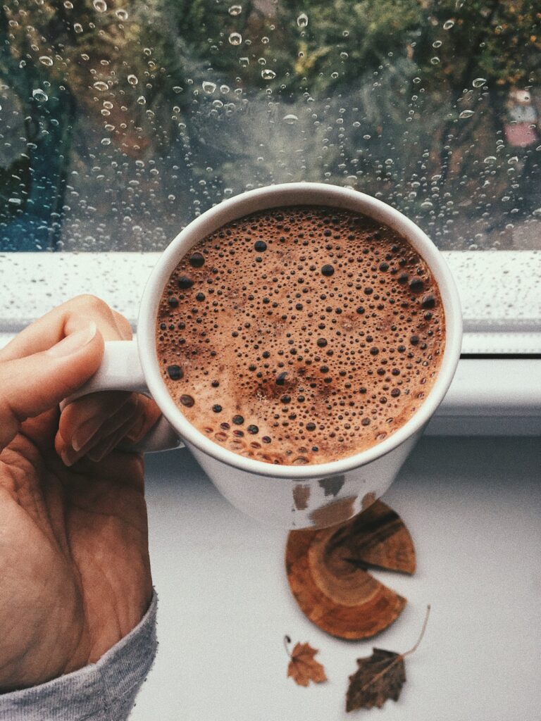 A person holding a mug of hot chocolate.