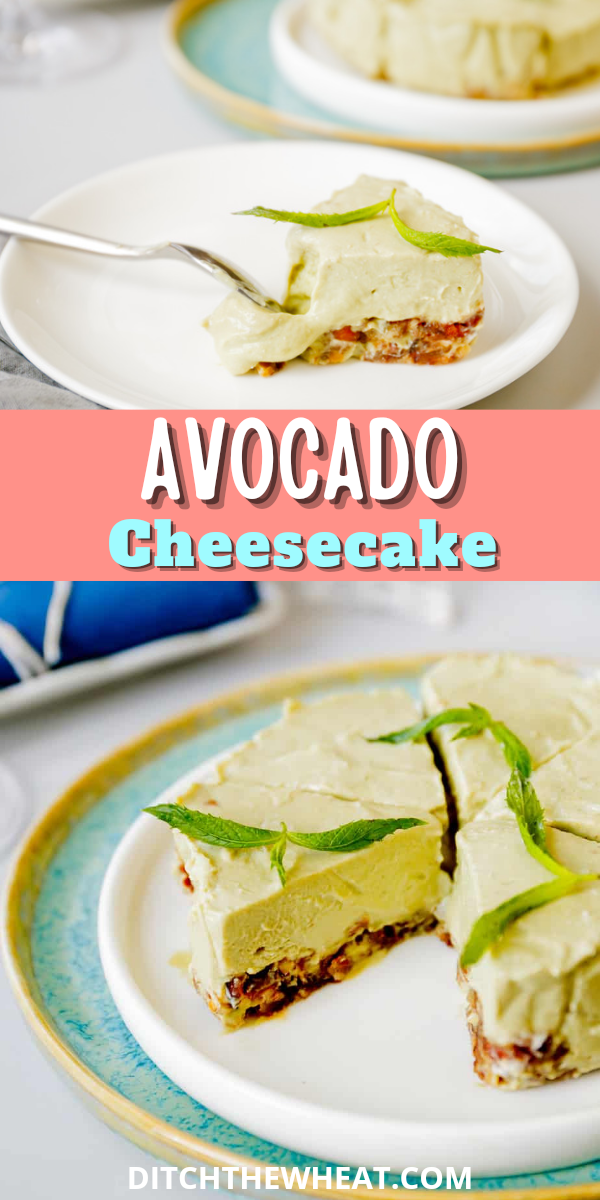 No bake avocado cheesecake on a white plate.