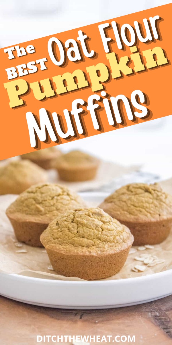 A white plate with three oat flour pumpkin muffins.