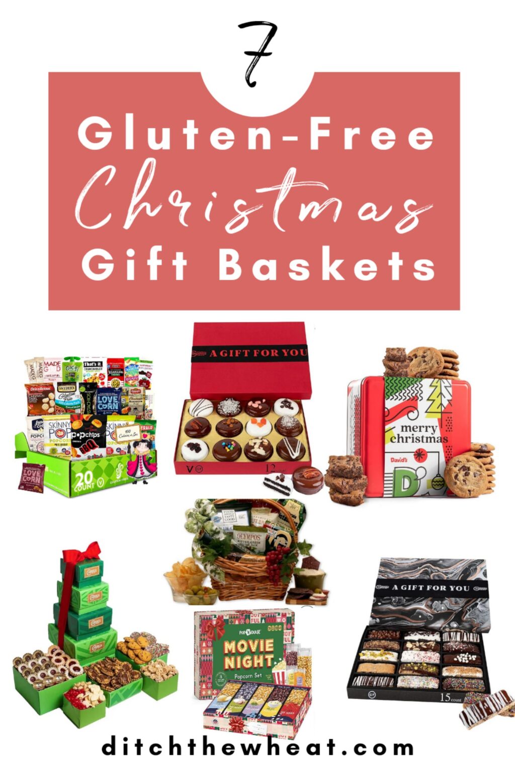 An image with 7 gluten free Christmas baskets.