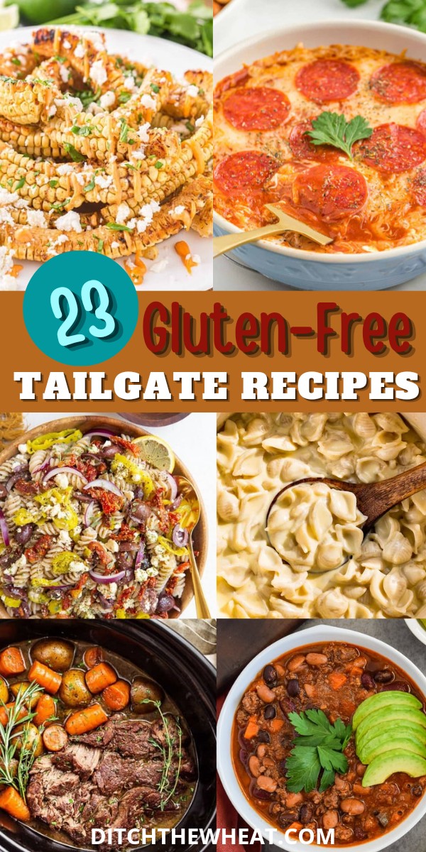 A collage with 6 different gluten free tailgate foods.