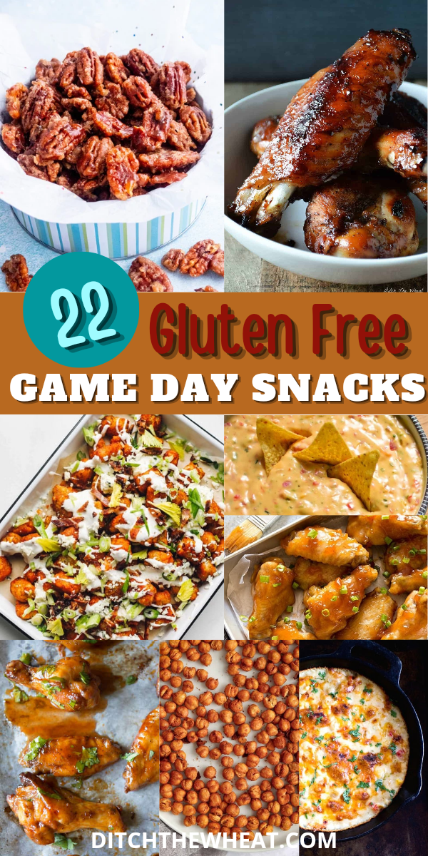 An image with a collage of gluten free Super Bowl snacks.
