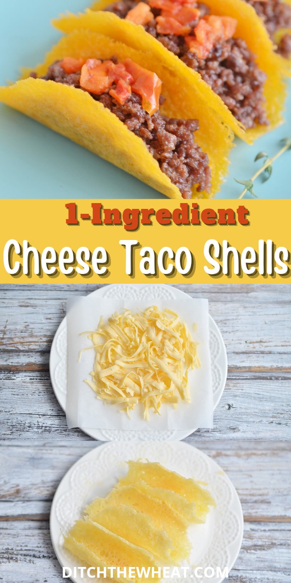 An image of a blue plate with two cheese taco shells filled with ground beef and text that says 1-ingredient cheese taco shells and two plates showing shredded cheese and then the melted and hardened cheese shells.