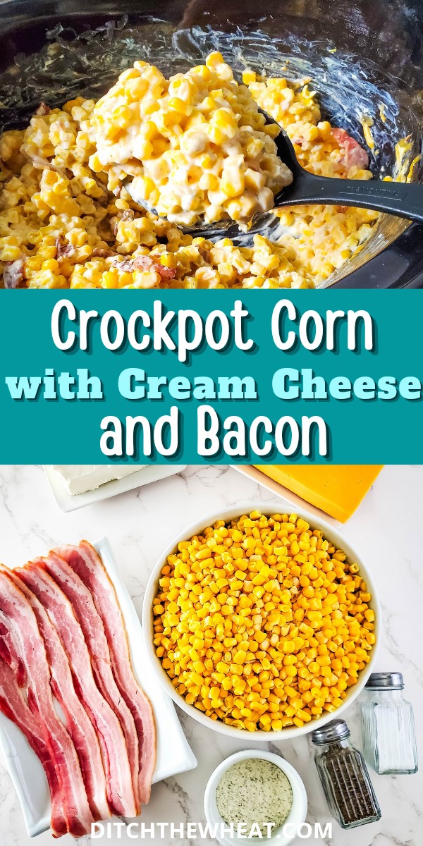 A Crockpot with cream cheese corn and the ingredients to make it below.